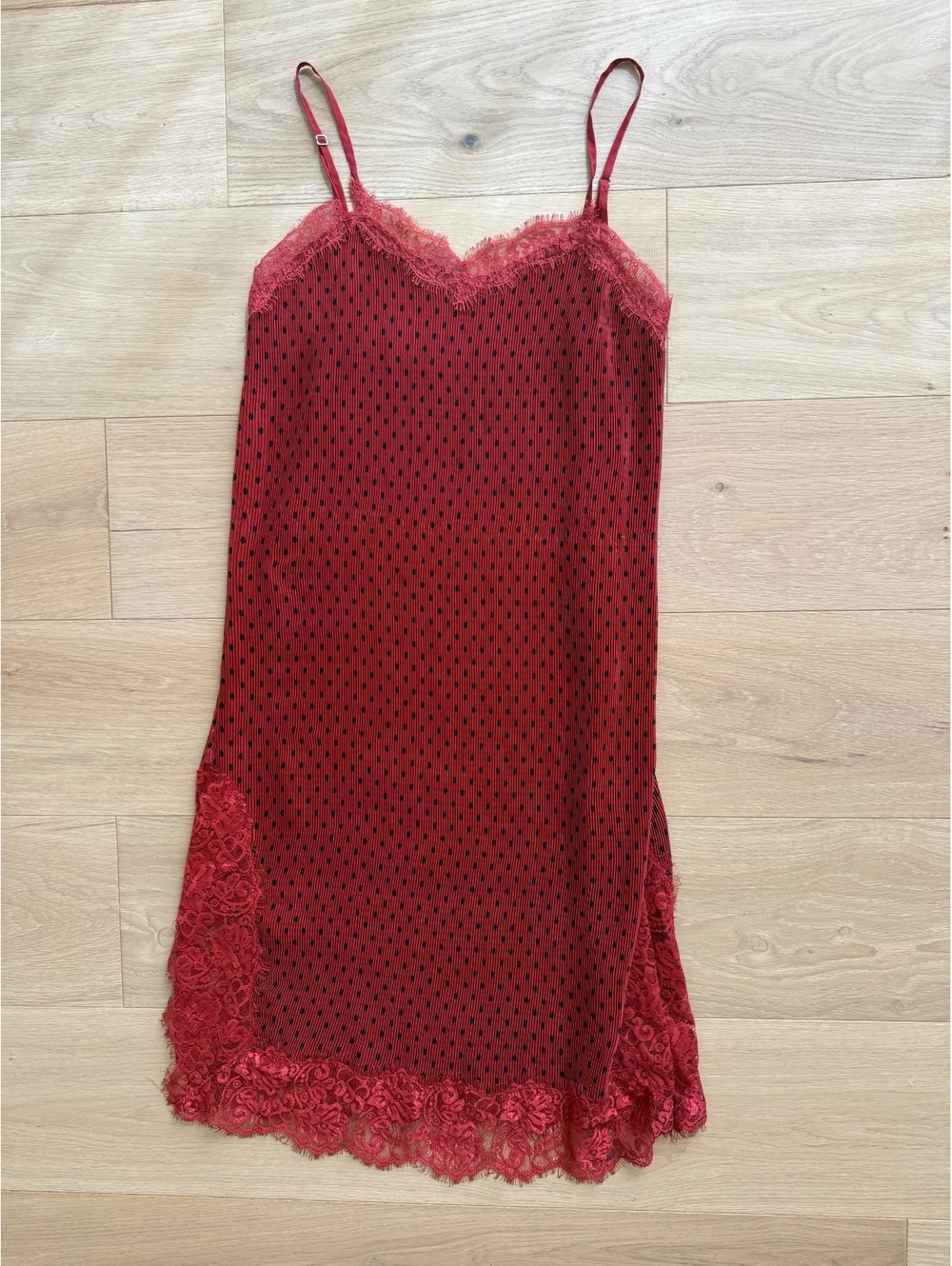 Free People Intimately Margot Slip Dress Red Navy Polka Dot Lace Size 6